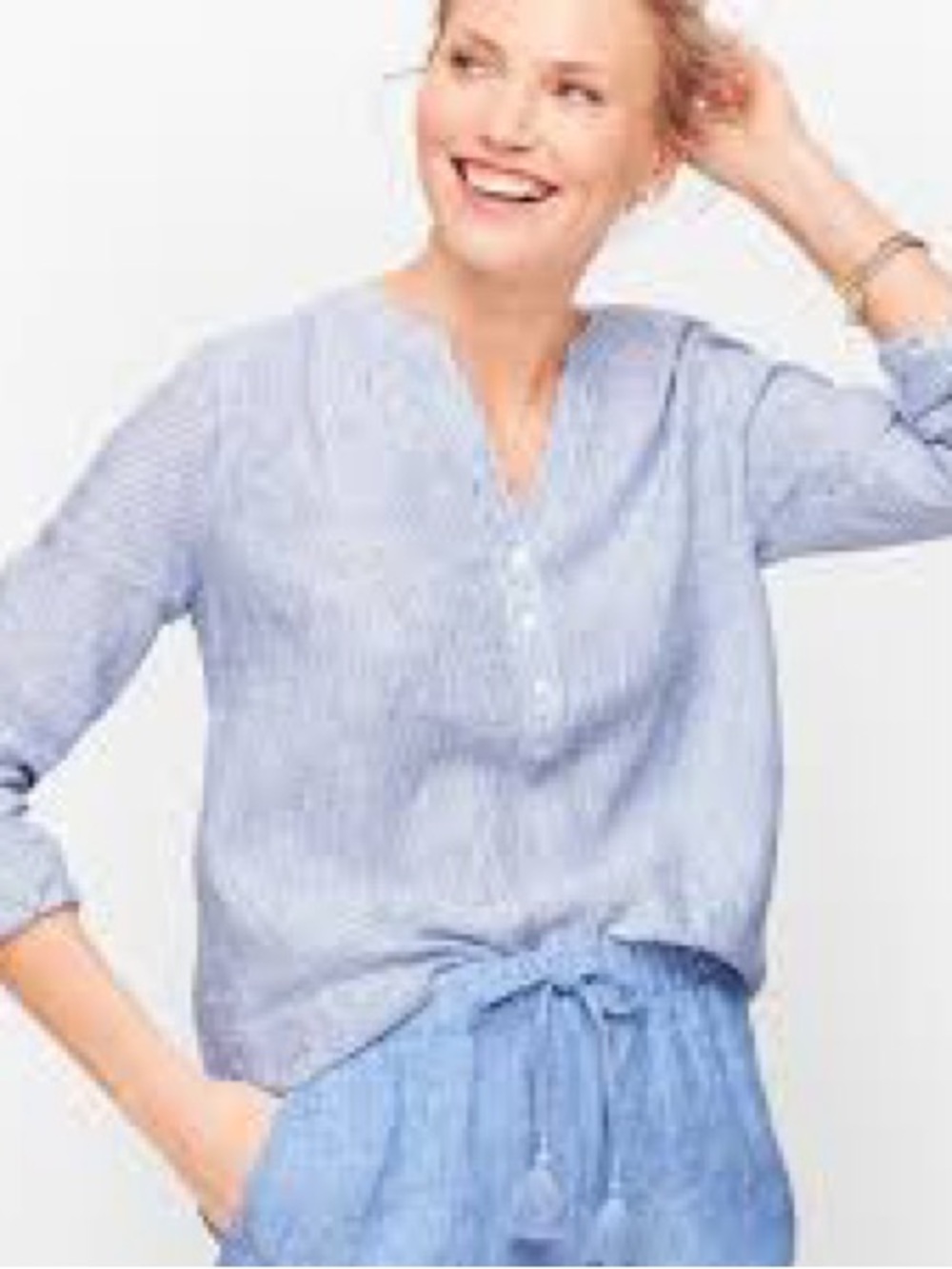 Talbots 100% Linen Popover Top Blue/White Stripes size LP